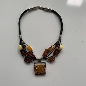 Vintage Baltic Amber Large Stone Statement Necklace With Sterling Silver